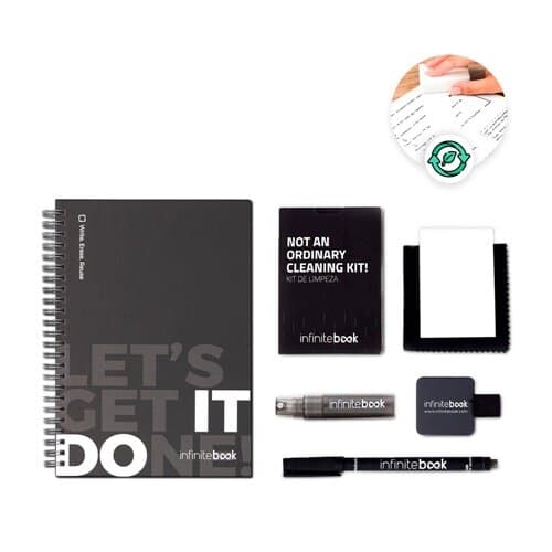 STARTER KIT INFINITEBOOK. Set bestehend aus einem Infinitebook mit Hardcover, einem Reinigungsset, einem Marker und einem Kugelschreiberhalter