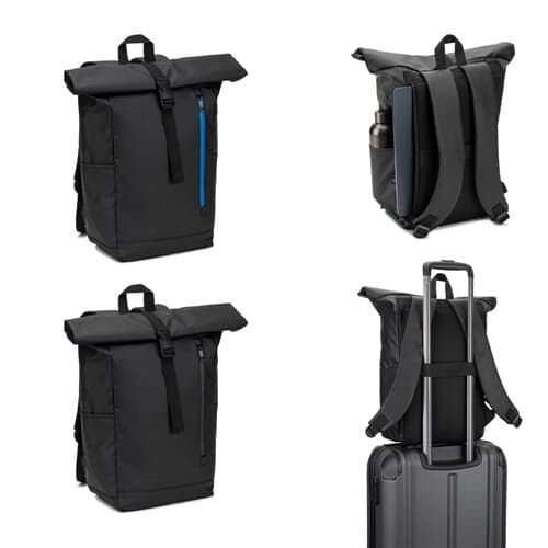 OSASCO BPACK. Rolltop-Rucksack mit Reissverschlusssystem, bei dem das Oberteil aufgerollt werden kann, um es an das Volumen des Rucksacks anzupassen. Hergestellt aus recyceltem 600D-Polyester