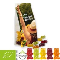 Bio Gummibärchen ohne Gelatine, ca. 40g, Express Blockbodenbeutel mit Werbereiter