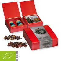 Verschiedene Teesorten, Bio und nicht-Bio, ca. 60-120g, Geschenk-Set Premium mit 2 Biologisch abbaubaren Eco Pappdosen Midi