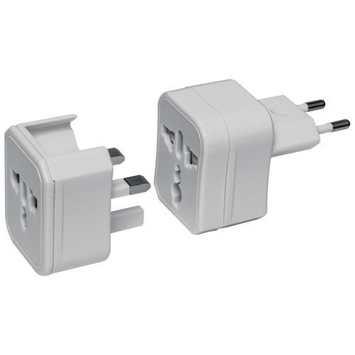 Reiseadapter in einem Kunststoffetui mit Adaptern für US, UK, AUS, Asien und EU