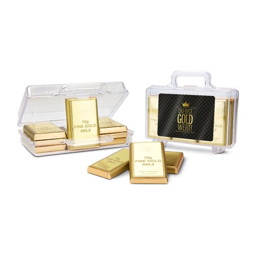 Geschenkartikel: Goldkoffer mit 12 Schokoladen Goldbarren (120 g)