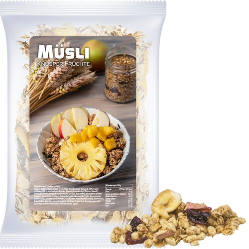 Müsli Knusper Früchte, ca. 60g, Express Maxi-Tüte mit Etikett