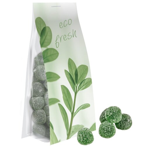 Eukalyptus Menthol Fruchtgummi mit Gelatine, ca. 40g, Express Blockbodenbeutel mit Werbereiter