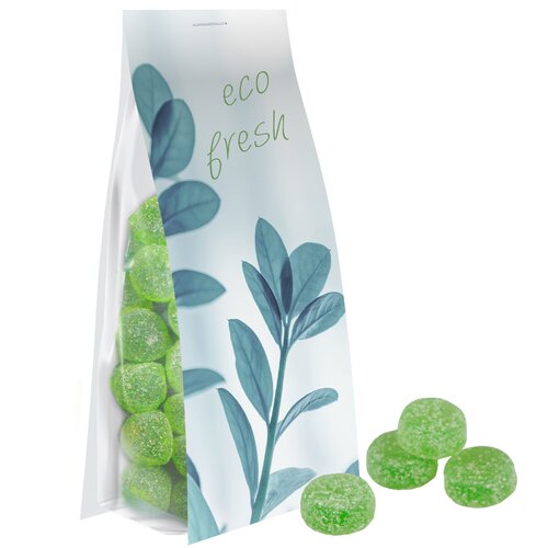 Eukalyptus Menthol Fruchtgummi ohne Gelatine, ca. 40g, Express Blockbodenbeutel mit Werbereiter