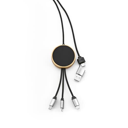 Feynman 5-in-1 Kabel aus Bambus und rPET. Mit hinterleuchtetem Logo