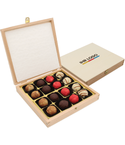 Pralinenbox Holz 16er bedruckter Deckel