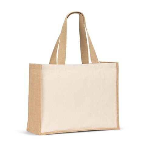 HELSINQUE. Tasche aus Canvas (320 g/m²), mit Boden und Seiten aus laminierter Jute (350 g/m²) in Naturtönen
