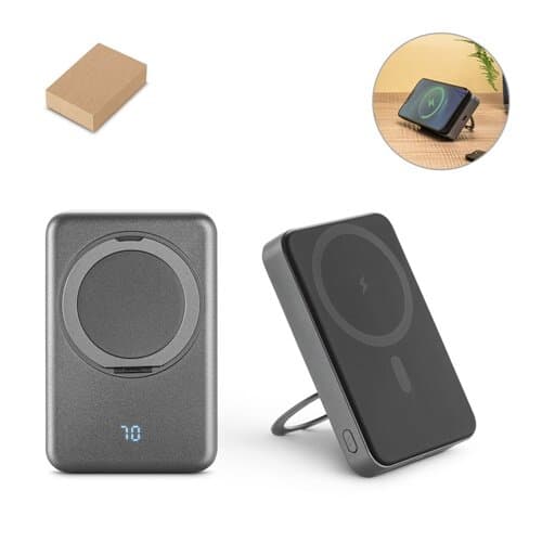 WARSHEL 10. Magnetische Powerbank mit 10'000 mAh und superschnellem kabellosem Ladegerät (15 W) aus recyceltem ABS (100% rABS) mit Ständer