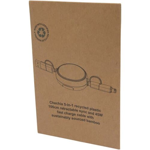 Chechia 100cm 5-in-1 Kabel aus recyceltem Kunststoff, einziehbar, für Datenübertragung und 45W Schnellladung mit Bambusdetails