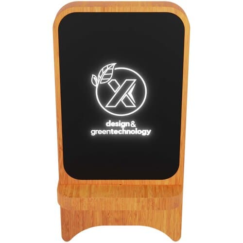 SCX.design W16 kabelloser 15-Watt-Ladeständer aus Holz mit Leuchtlogo