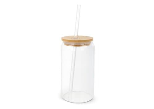 Glas mit Bambusdeckel & Strohhalm 450ml