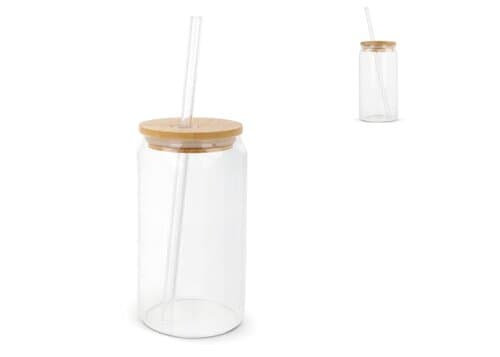Glas mit Bambusdeckel & Strohhalm 450ml