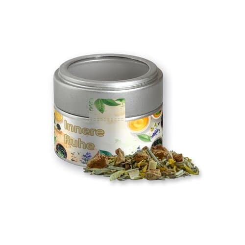 Bio Kräutertee Seelenwohl, ca. 17g, Metalldose Mini mit Sichtfenster silber