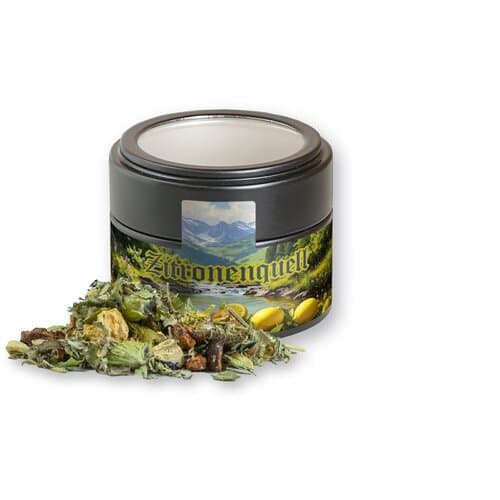 Kräutertee Bergtee & Zitrus, ca. 20g, Metalldose Mini mit Sichtfenster schwarz