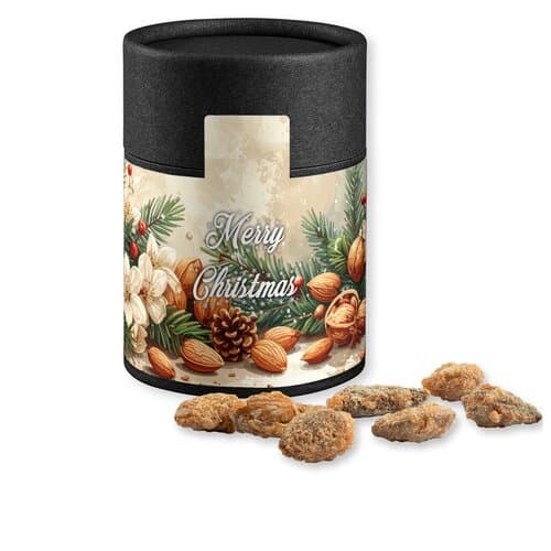 Feuergebrannte Mandeln ohne Zuckerzusatz, ca. 80g, Kraftpapierdose Midi schwarz