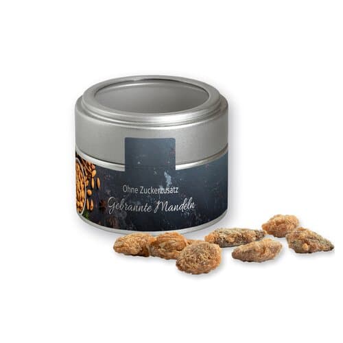 Feuergebrannte Mandeln ohne Zuckerzusatz, ca. 60g, Metalldose Mini mit Sichtfenster silber