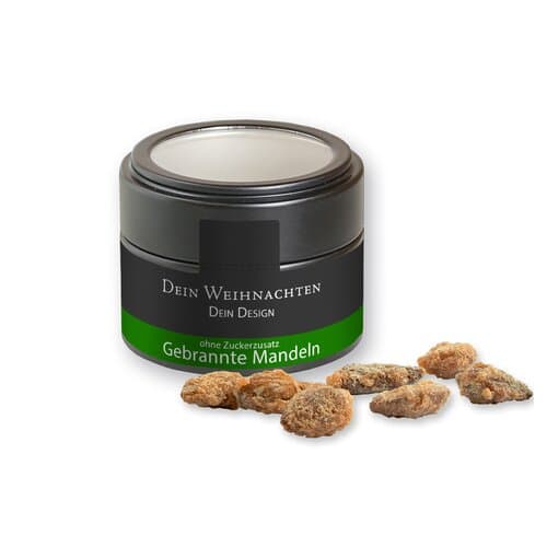Feuergebrannte Mandeln ohne Zuckerzusatz, ca. 60g, Metalldose Mini mit Sichtfenster schwarz